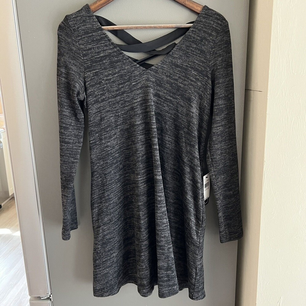A Byer Gray Dress Monotone Long Sleeve Lace Up Back Pocket Heathered Knit Medium